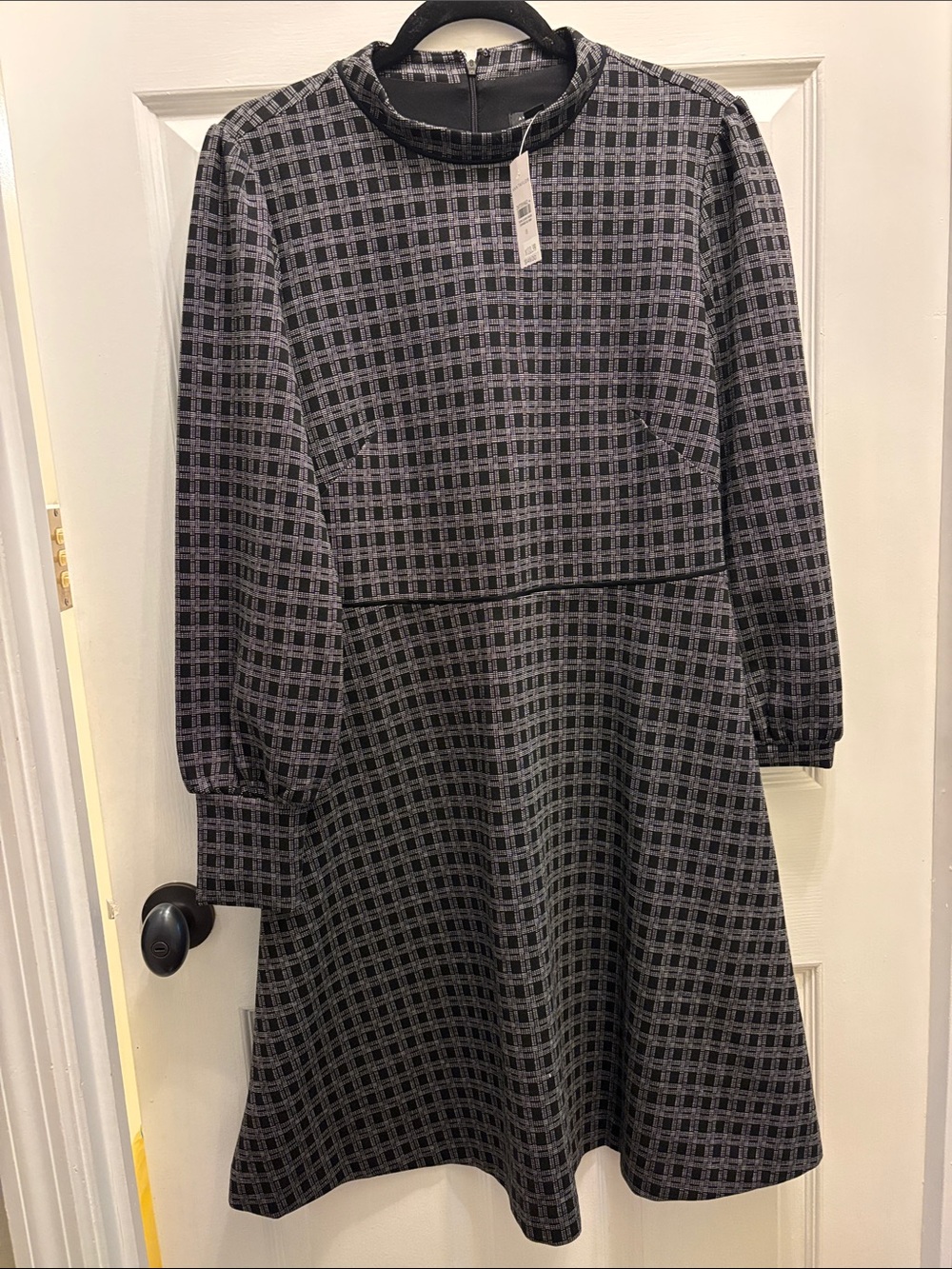 Ann Taylor Black and Gray Plaid Long Sleeve A-Line Dress NWT